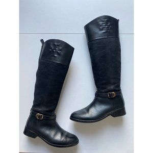 Tory Burch Size 7 Black Leather Blaire Low Block Heel Tall Knee Riding Boots